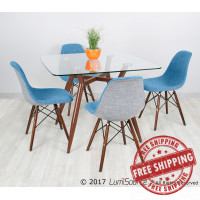 Lumisource DT-CLR3838 WLGL Clara Mid-Century Modern Square Dining Table with Walnut Metal Legs and Clear Glass Top 